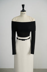 Off-shoulder long sleeve top in stretch jersey fabric with ruched neckline detail